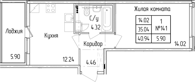 1-комнатная квартира 35.04 м², 1/4 эт., ЖК «Любоград в Стрельне»